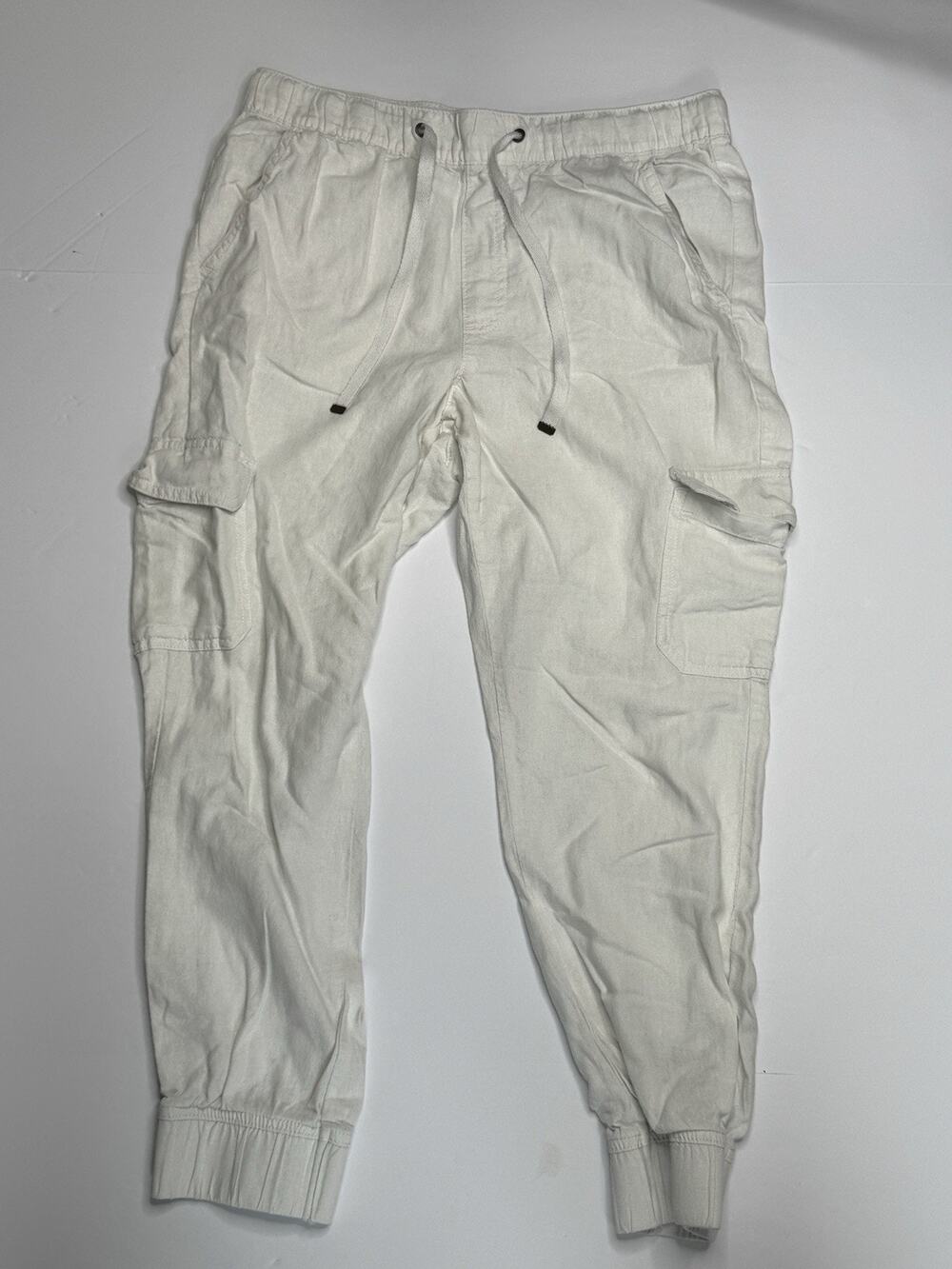 St Johns Bay Linen Blend Cargo Jogger Pants Womens M White Drawstring Cuffed
